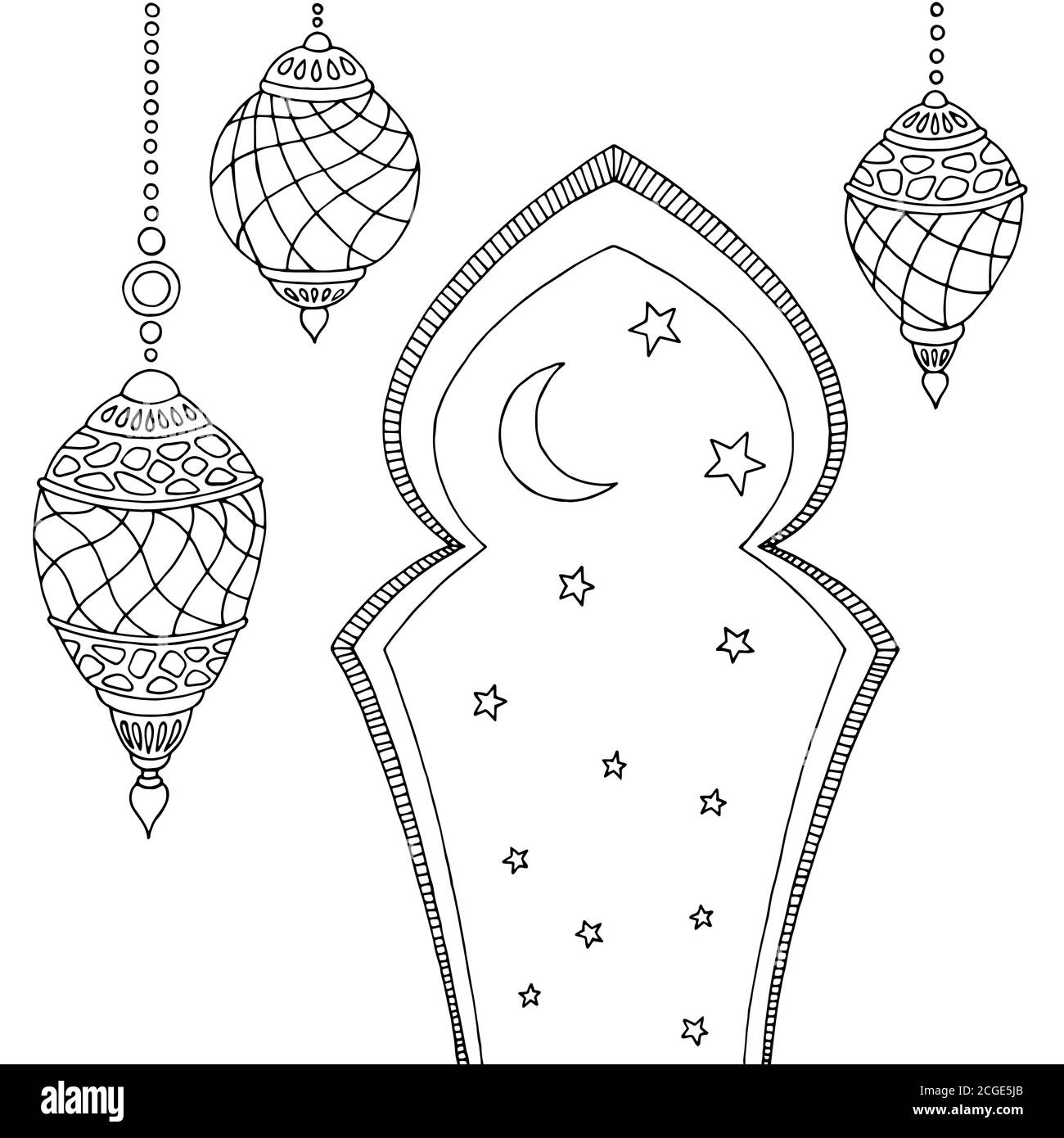 Ramadan lamps graphic moon star black white sketch illustration vector Stock Vector