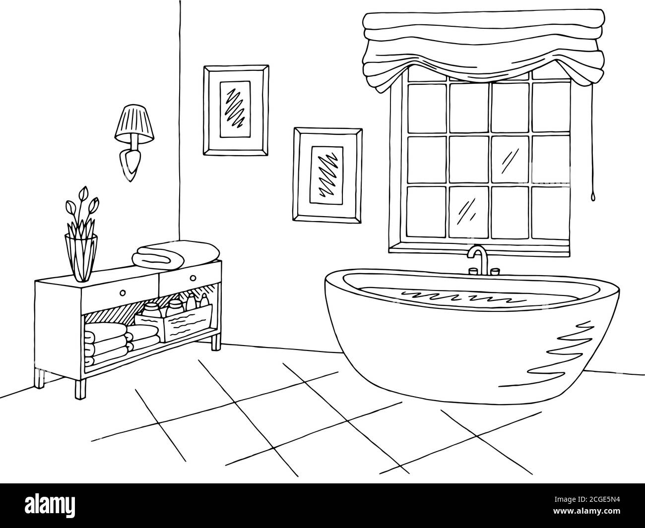 Bathroom graphic interior black white sketch illustration vector Stock