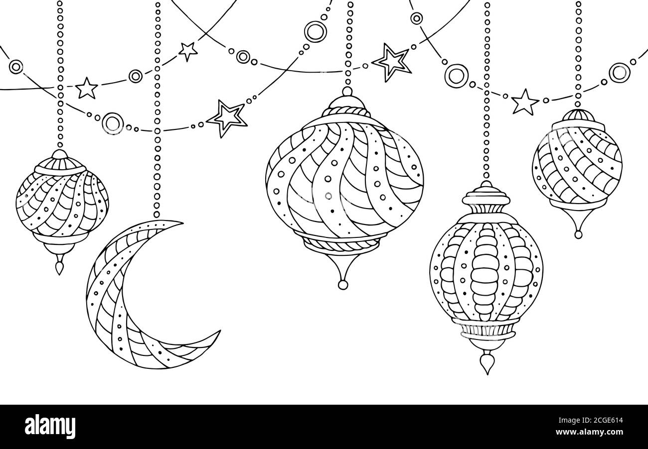 Ramadan lamps graphic moon star black white sketch illustration vector Stock Vector