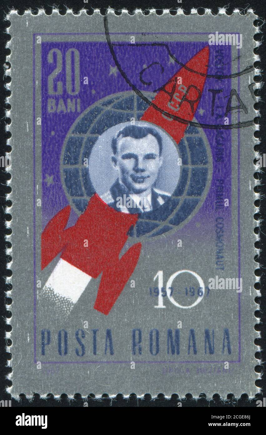 ROMANIA - CIRCA 1967: stamp printed by Romania, shows Yuri A. Gagarin and Vostok 1, circa 1967 Stock Photo