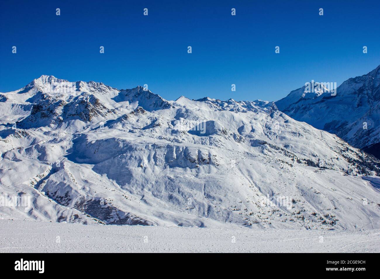 View of Mountains above Champagny en Vanoise, Trois Vallees Stock Photo