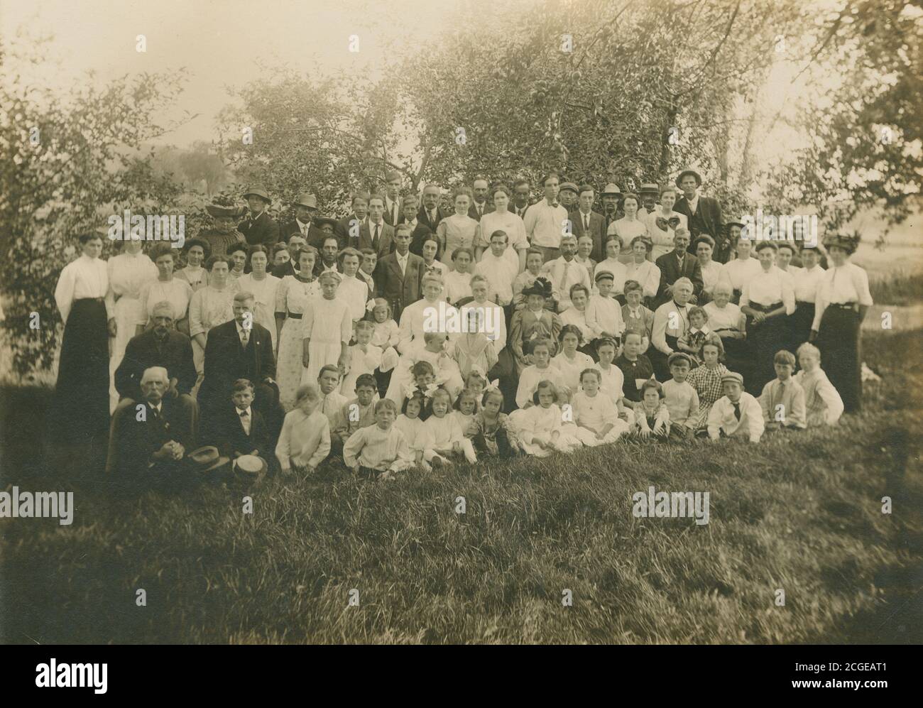 Antique c1900 photograph, large group of people at a Field Day event at Canton Point in Canton, Massachusetts, USA. SOURCE: ORIGINAL PHOTOGRAPH Stock Photo