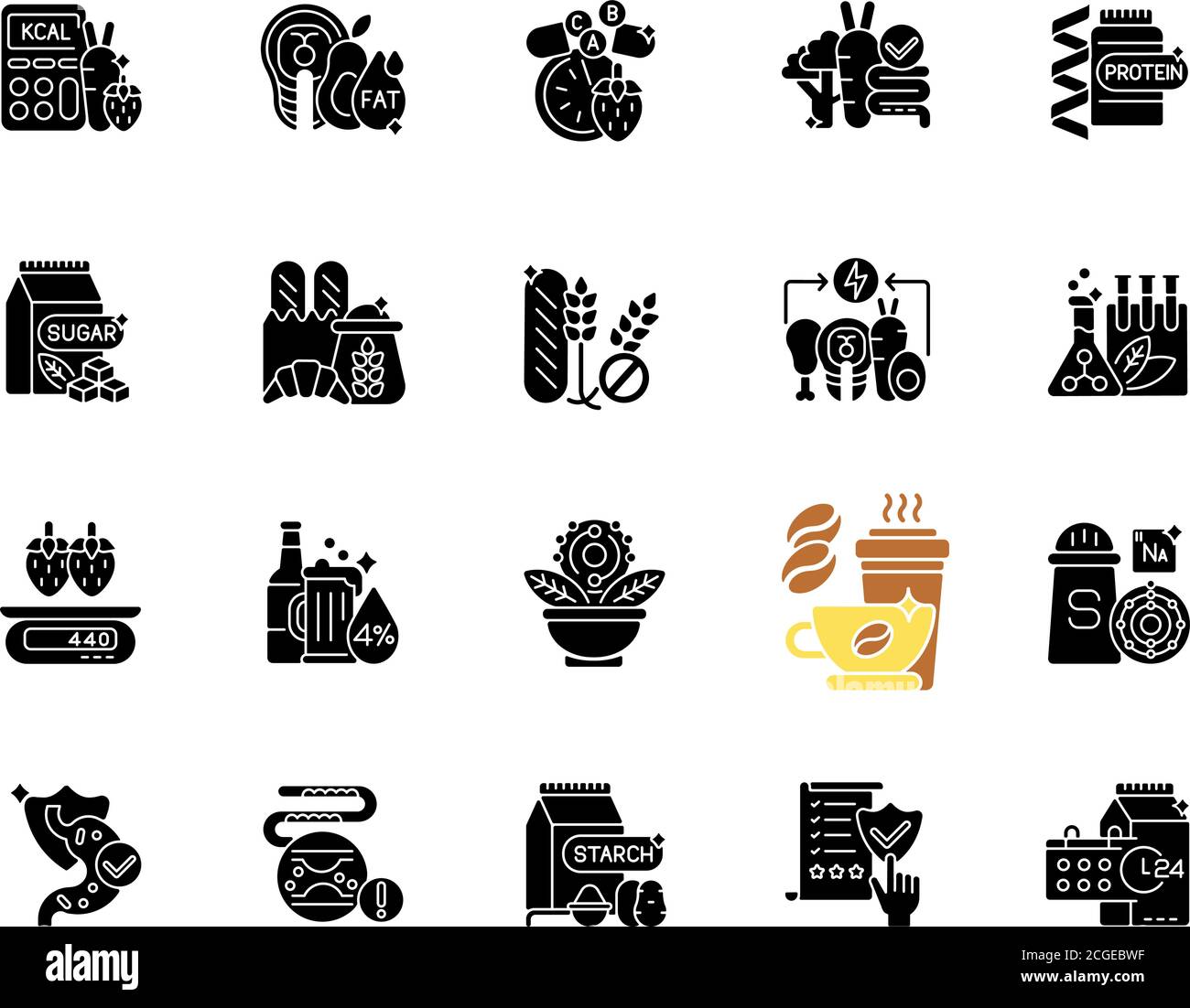 Healthy eating black glyph icons set on white space Stock Vector Image ...