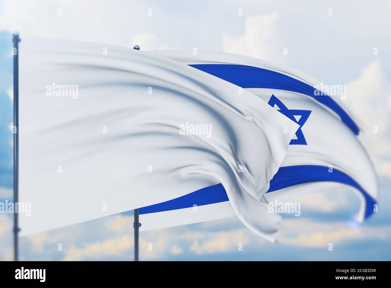 White flag on flagpole waving in the wind and flag of Israel. Closeup ...