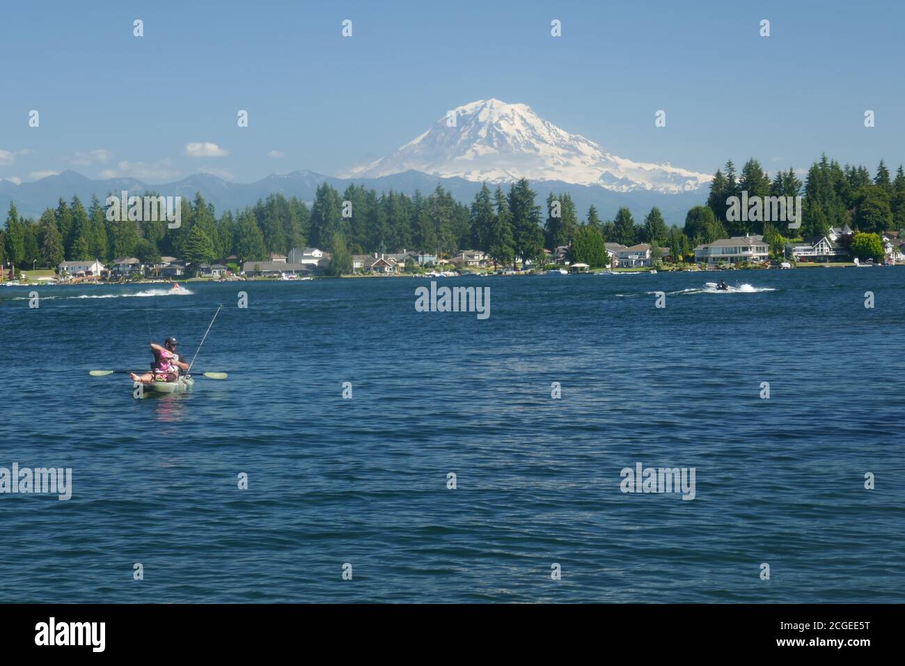 View of Mount Rainier from Tapps lake, Pierce County, Washington Stock