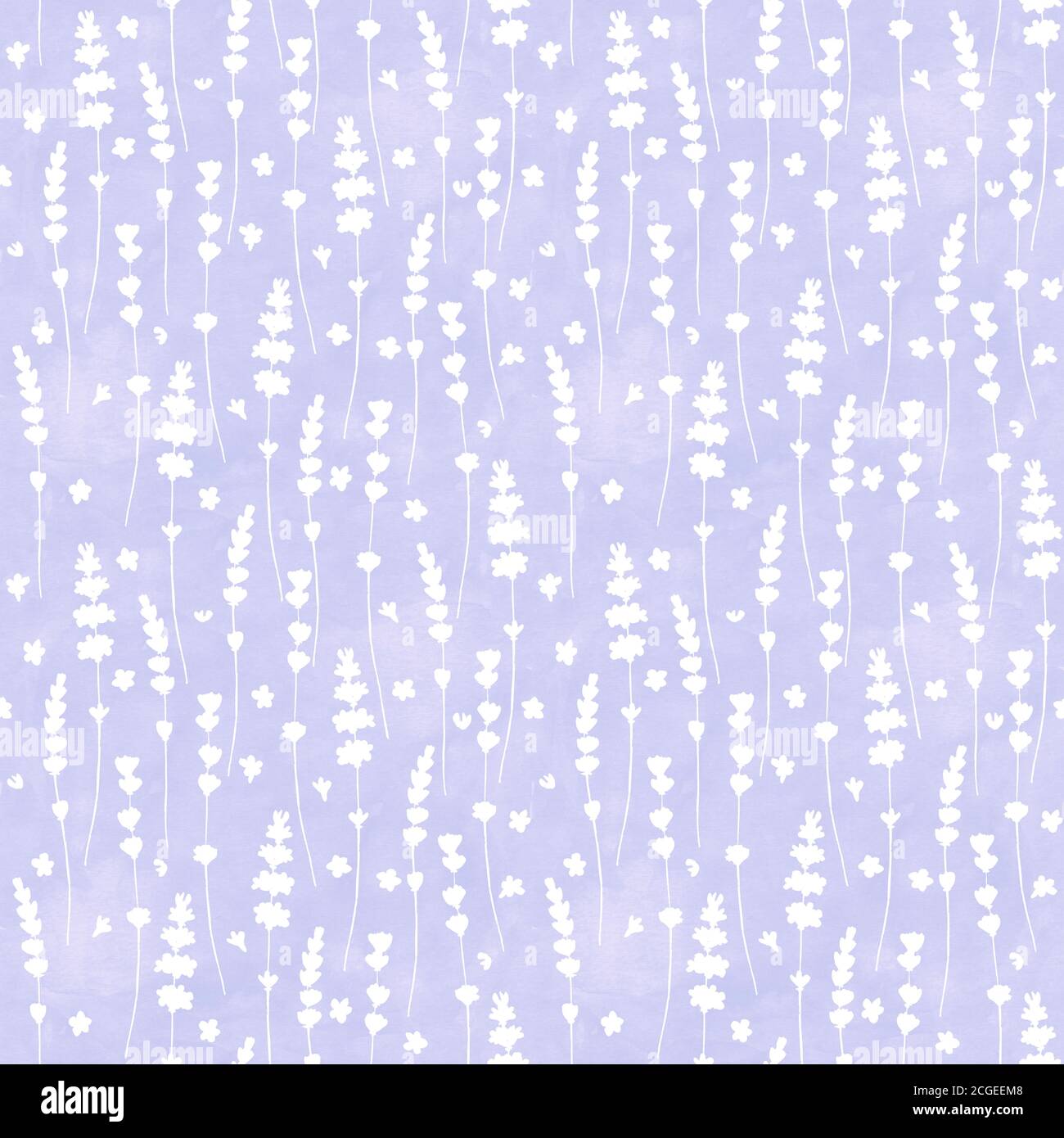 Lavender flowers white silhouettes seamless pattern on purple watercolor background. Watercolour hand drawn floral texture. Print for textile, wallpap Stock Photo