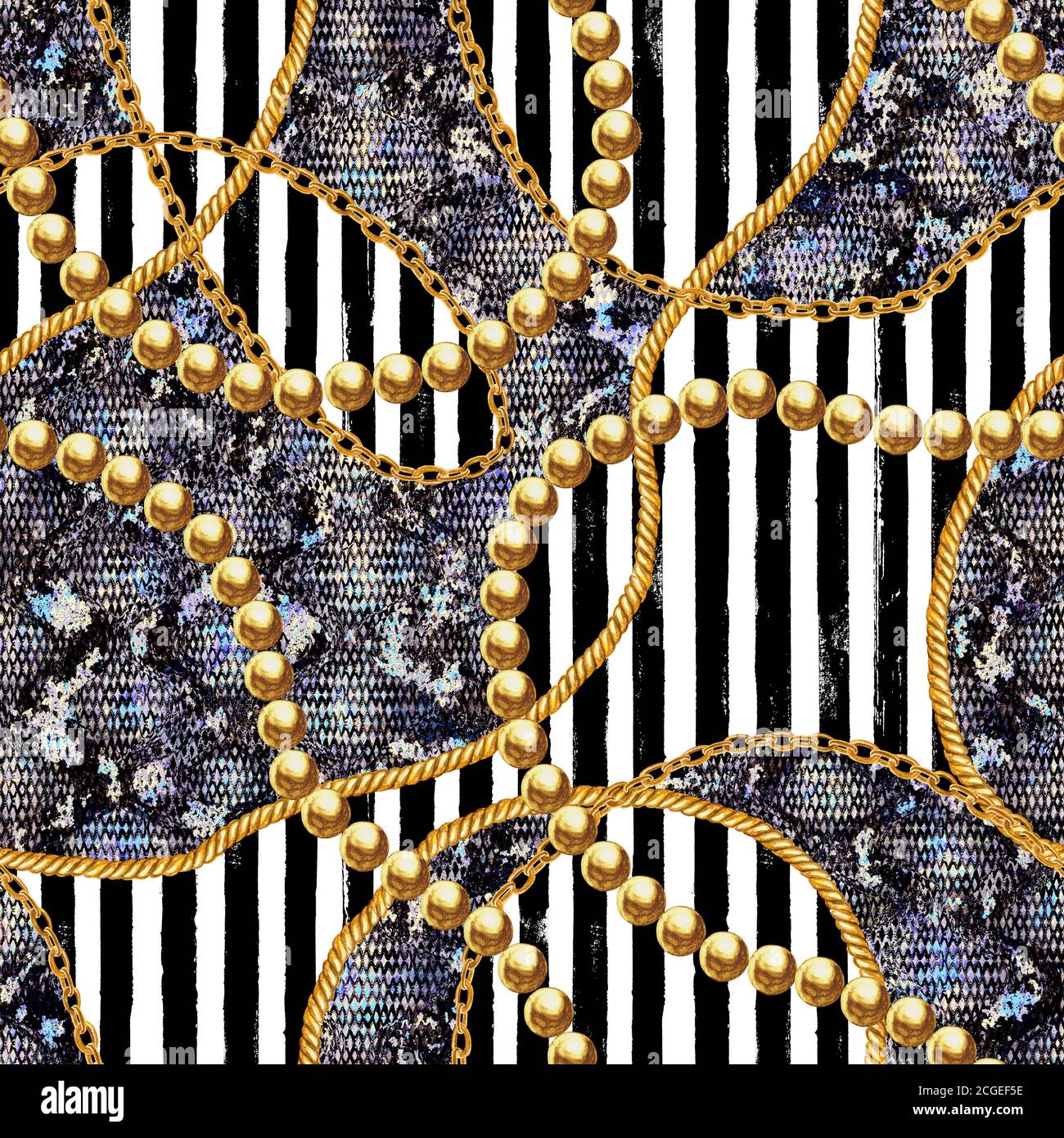 Golden chain snakeskin seamless pattern illustration. Watercolor hand ...