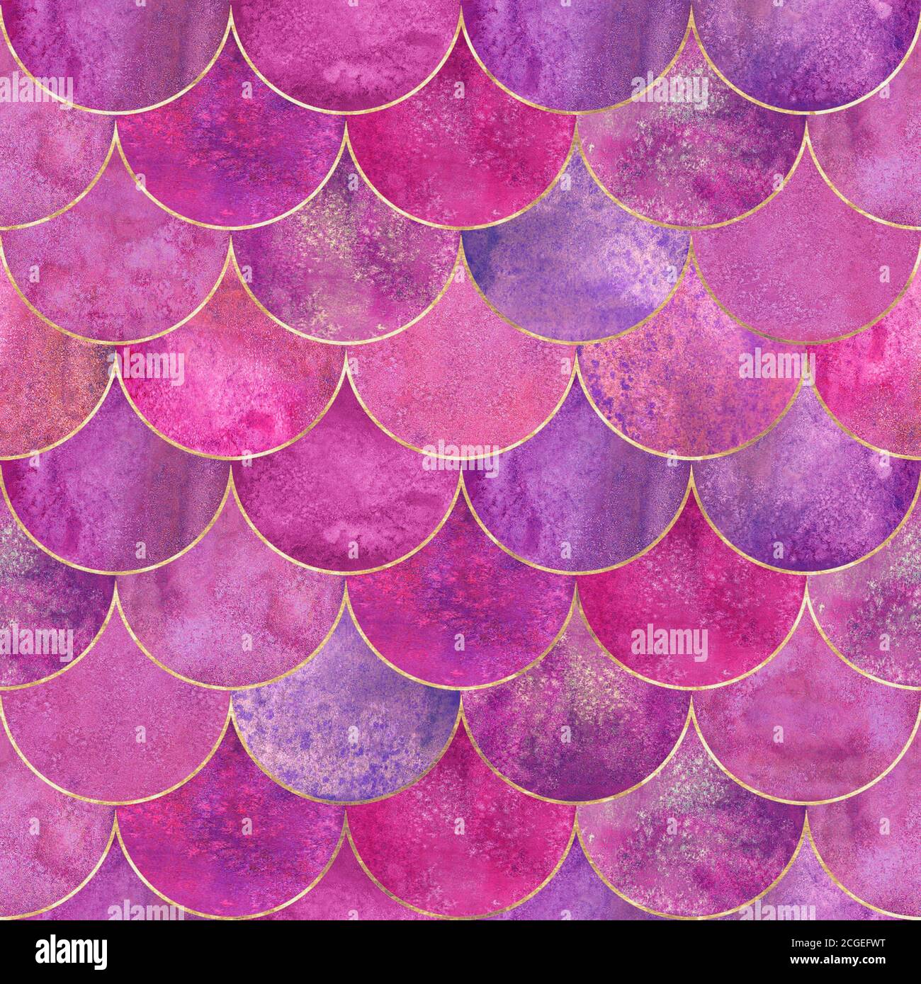 Mermaid fish scale wave japanese luxury colorful seamless pattern. Watercolor hand drawn pink purple background with gold line. Watercolour scales sha Stock Photo