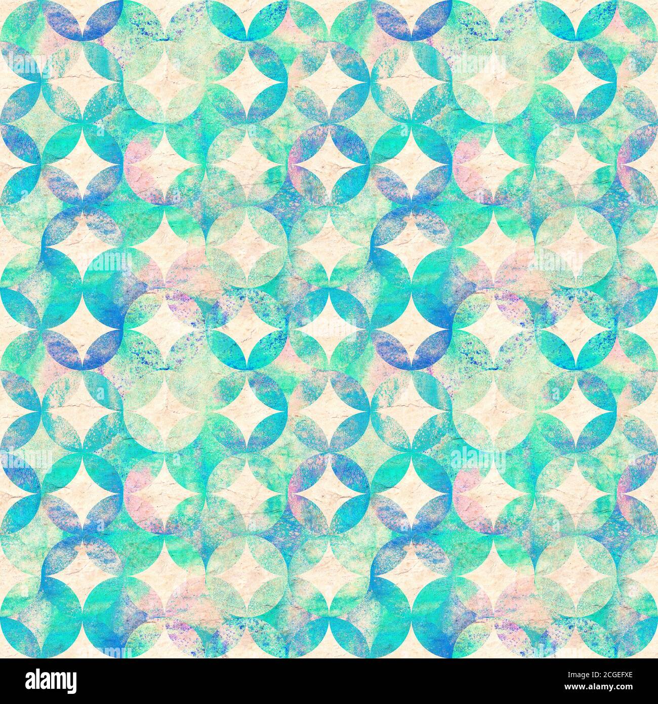 Abstract grunge watercolor background with overlapping circles on old paper. Watercolor hand drawn green blue seamless pattern. Watercolour round shap Stock Photo