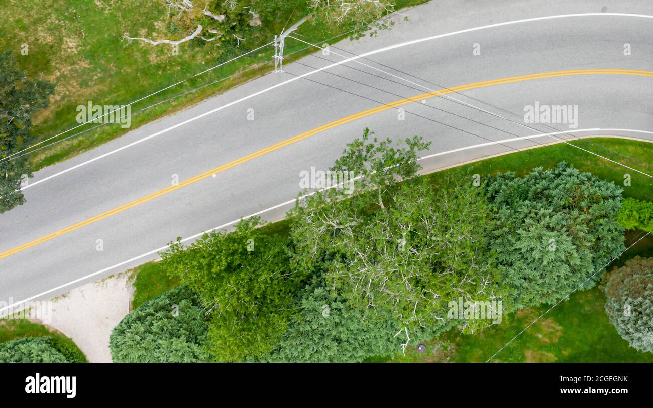 Aerial view of a stretch of road in East Hampton, NY Stock Photo