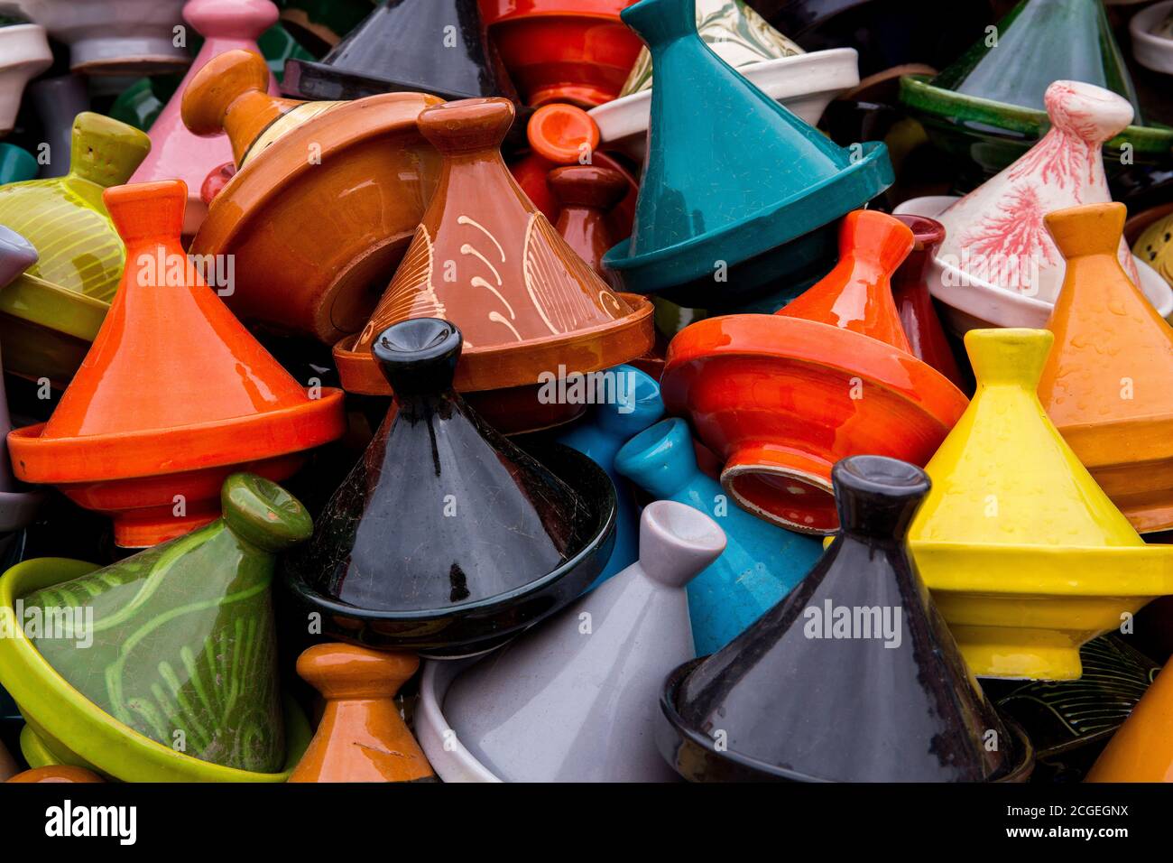 Colorful miniature tagines for sale in Marrakech, Morocco Stock Photo