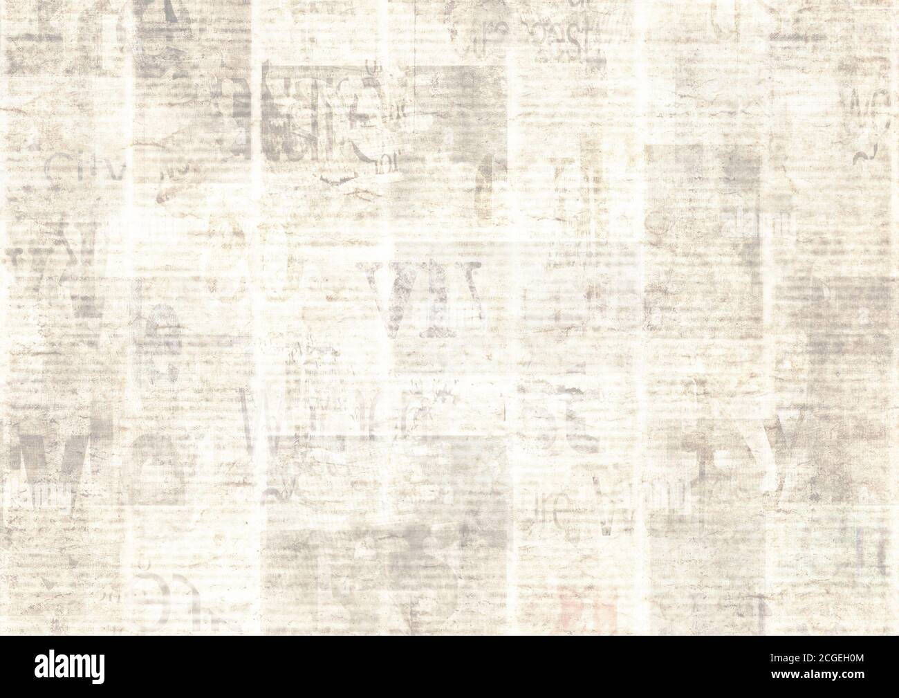 Newspaper with old unreadable text. Vintage grunge blurred paper news  texture horizontal background. Textured page. Gray collage. Front top view.  Zip