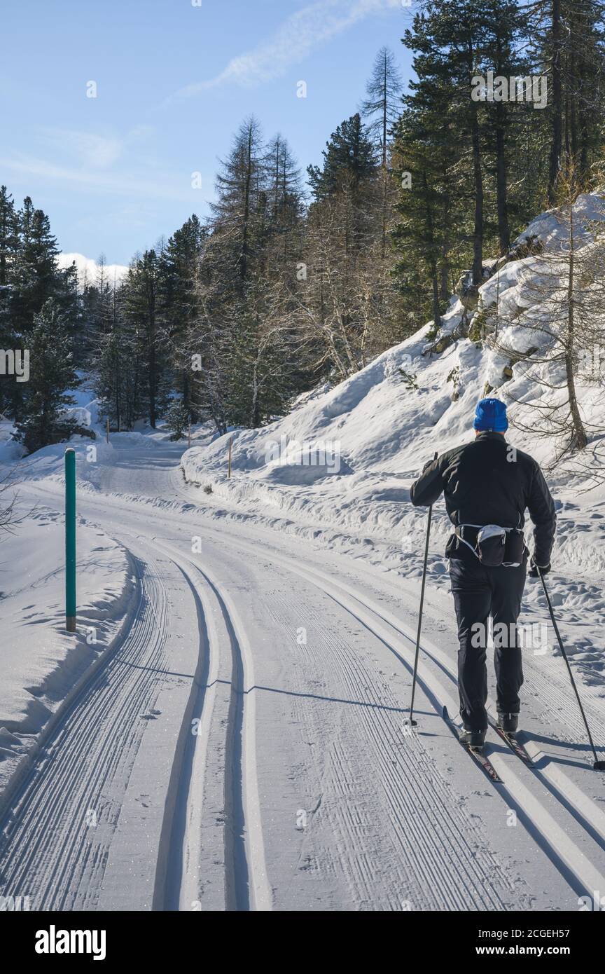 Cross-country ski on Roseg valley, Upper-Engadine valley, Grisons, Graubunden, Switzerland Stock Photo