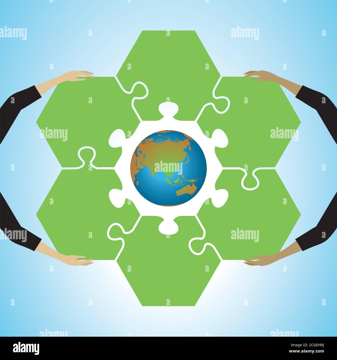 Earth with surrondings puzzle pieces held by hands. Vector illustration. EPS10. Stock Vector