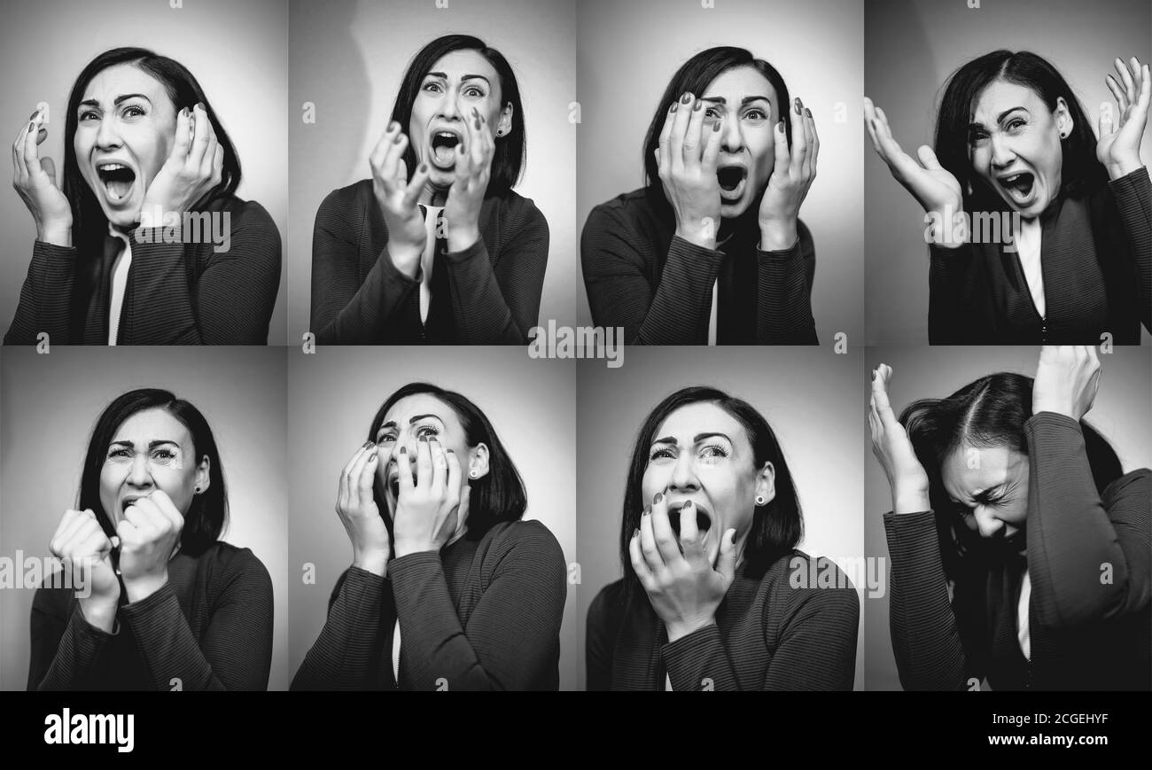 brunette female scared and frightened and shouting on camera Stock Photo