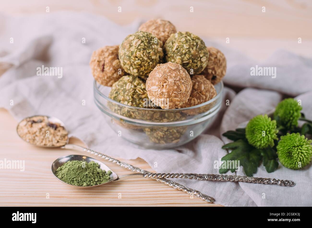Matcha green tea date granola fruits energy balls Stock Photo Alamy