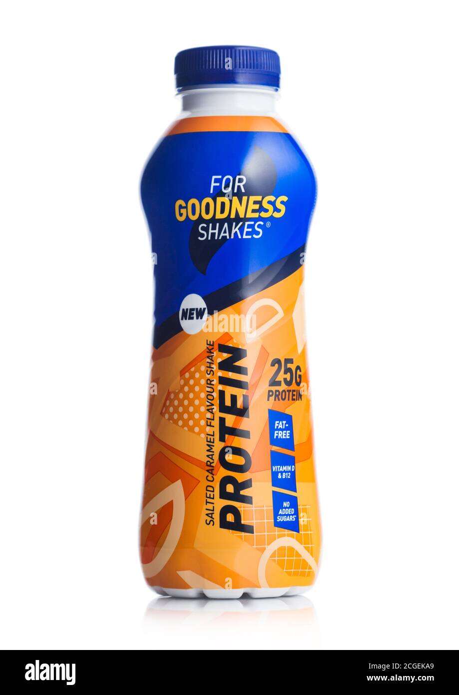 LONDON, UK - SEPTEMBER 09, 2020: Plastic bottle of Goodness shakes protein drink with salted caramel on white background. Stock Photo