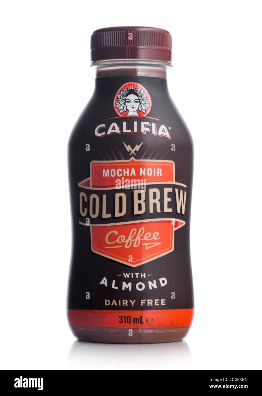 LONDON, UK - SEPTEMBER 09, 2020: Bottle of cold Califia mocha noir coffee with almonds on white background. Stock Photo