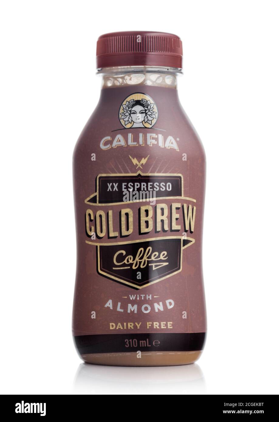 LONDON, UK - SEPTEMBER 09, 2020: Bottle of cold Califia espresso cold brew coffee with almonds on white background. Stock Photo