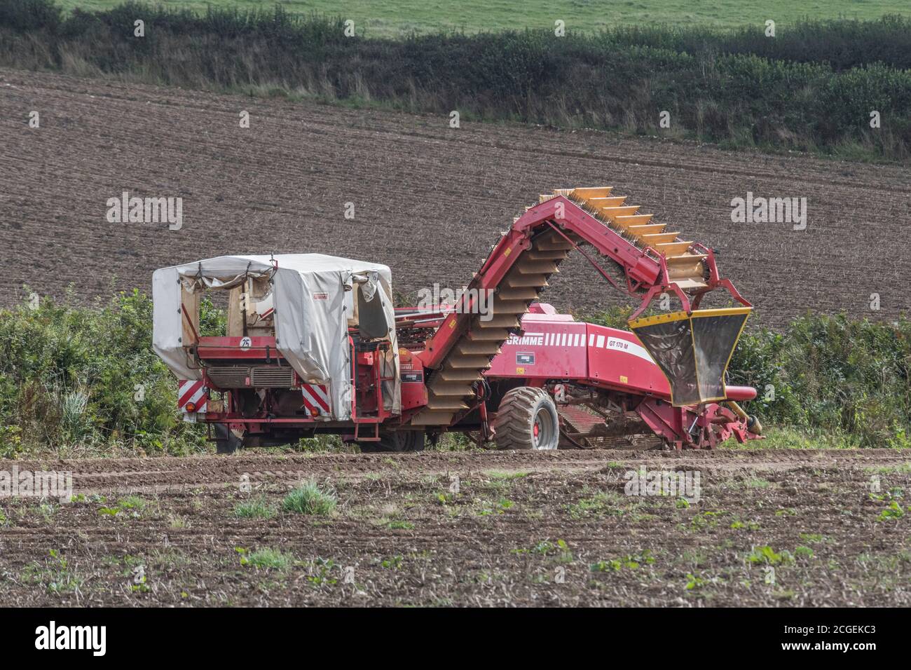 De-coupled GRIMME potato harvester at bottom of Cornish hillside potato field. For UK agriculture & food / UK potato production, British farming. Stock Photo