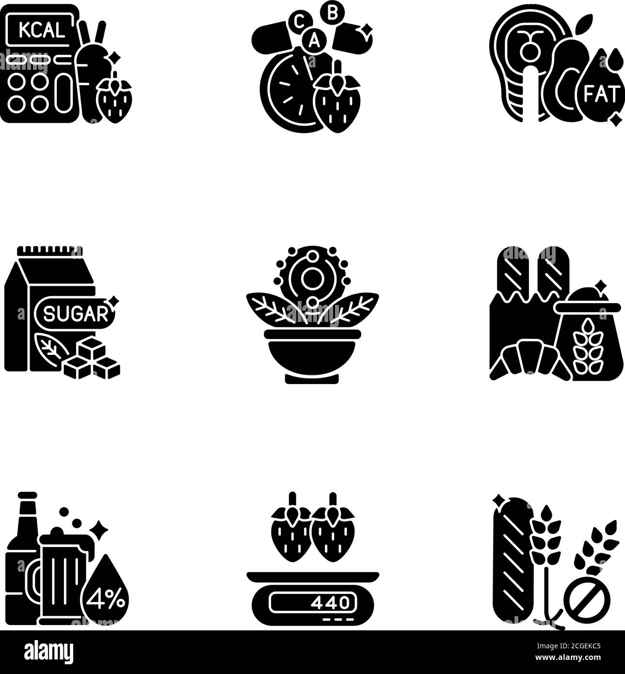 Foodstuff for nourishment black glyph icons set on white space Stock ...