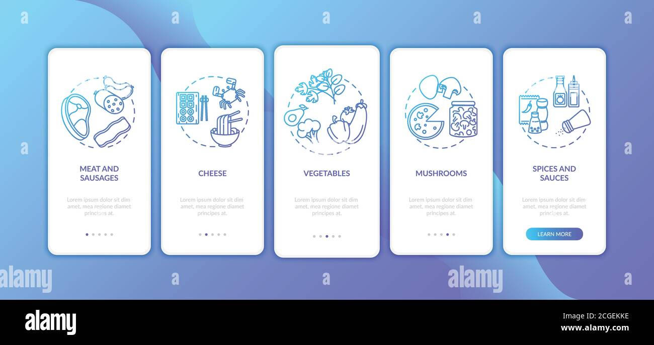 Pizza constructor onboarding mobile app page screen with concepts Stock Vector