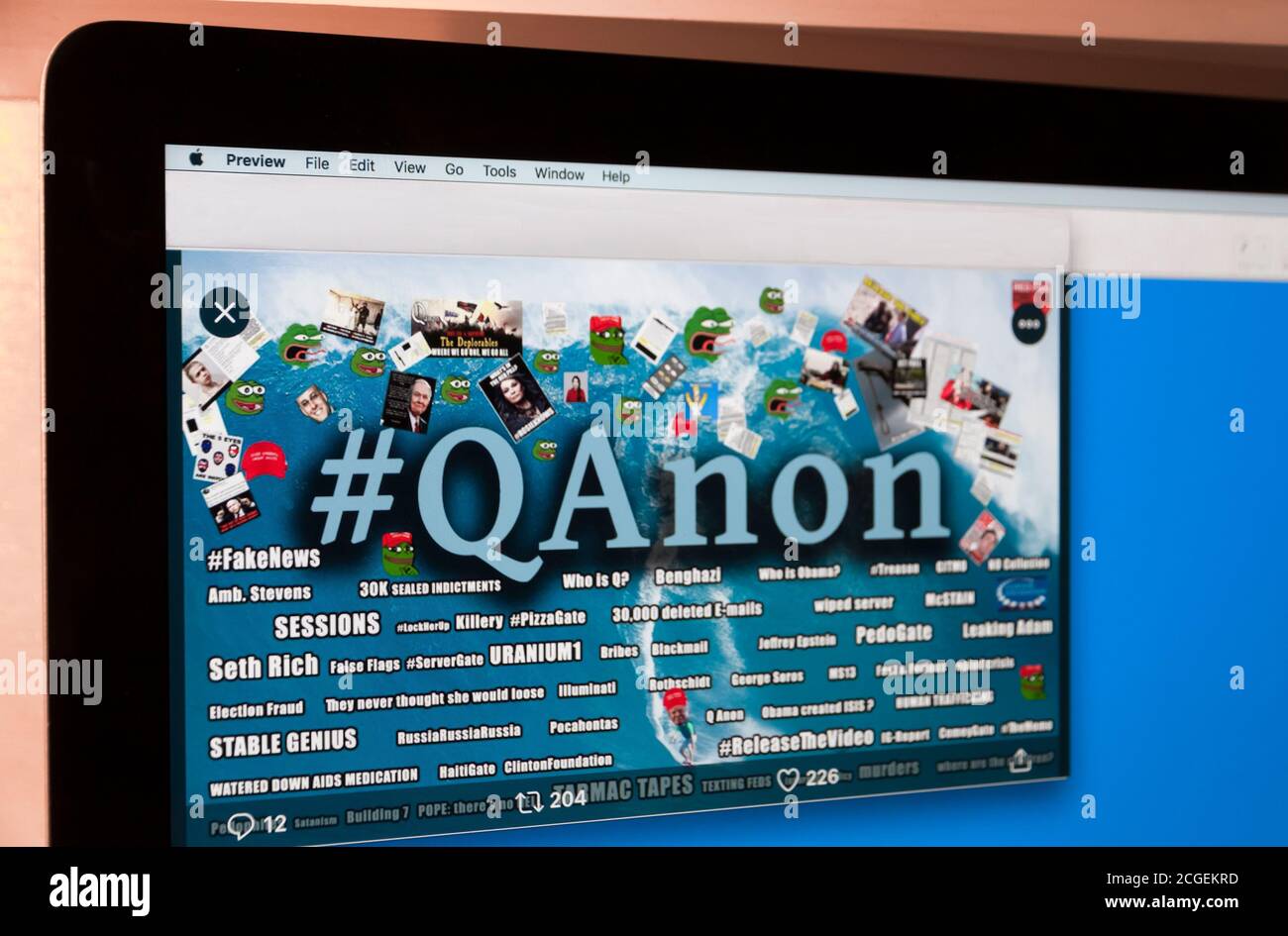 QAnon on the internet.  A montage of topics related to their political movement. Stock Photo