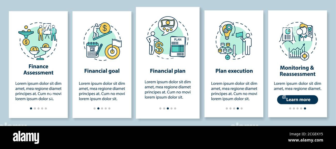 Financial planning process onboarding mobile app page screen with concepts Stock Vector