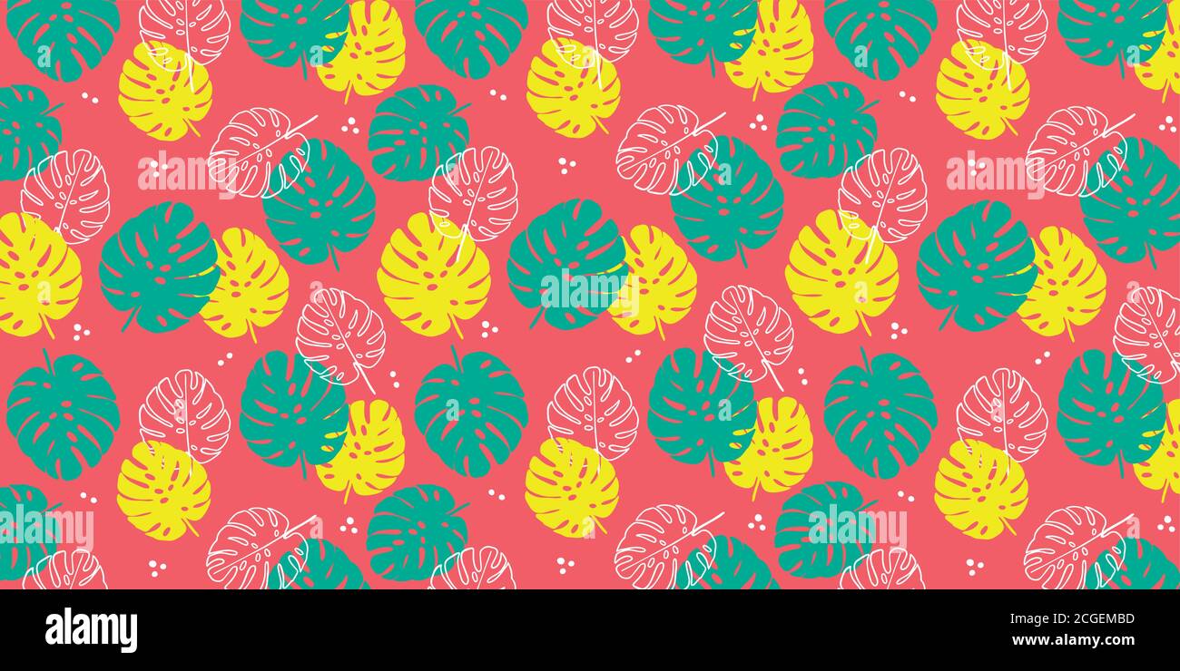 Floral background of tropical leaves in flat style. Colorful monstera leaf endless background for textile print, fabrics, wrapping paper Stock Vector