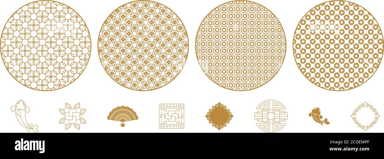 Round decorative elements with geometric and floral patterns Stock ...
