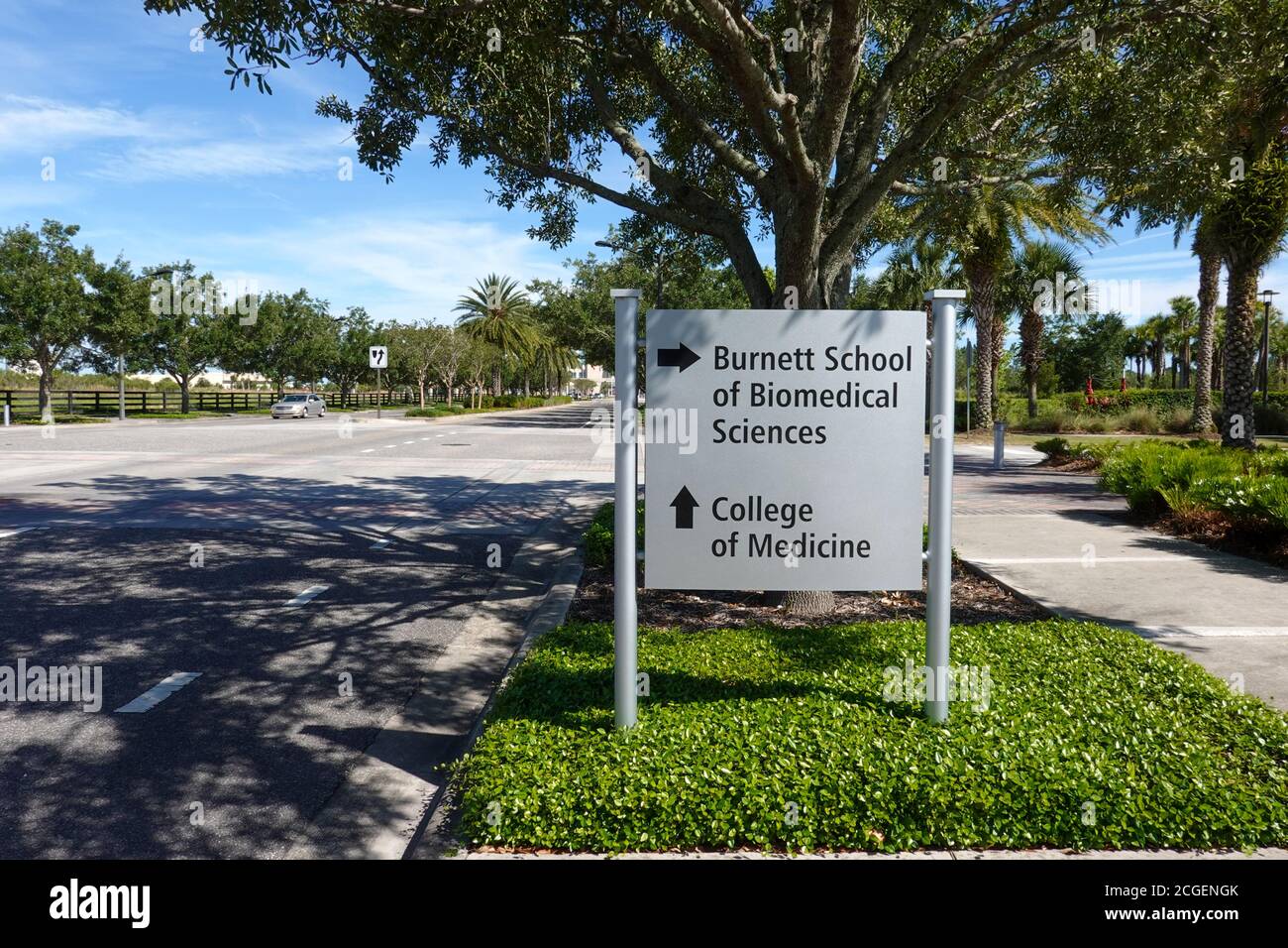 Orlando,FL/USA -5/7/20:  The directional sign pointing to Burnett School of Biomedical Sciences and the College of Medicine at the University of Centr Stock Photo
