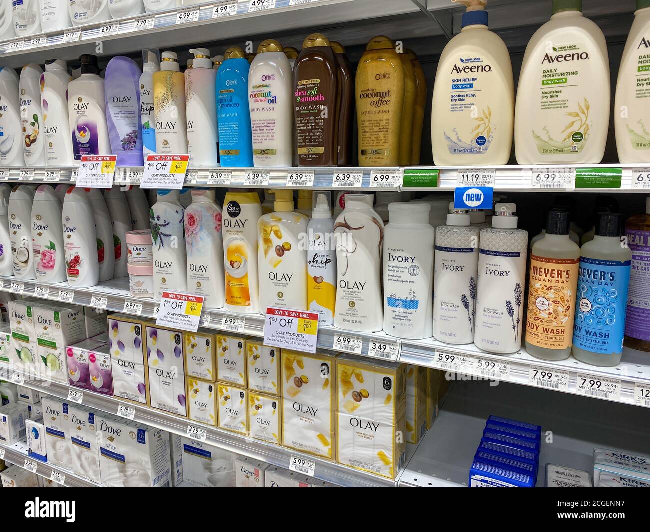 Orlando, FL/USA5/9/20 A display Aveeno, Dove, and Olay body wash at a