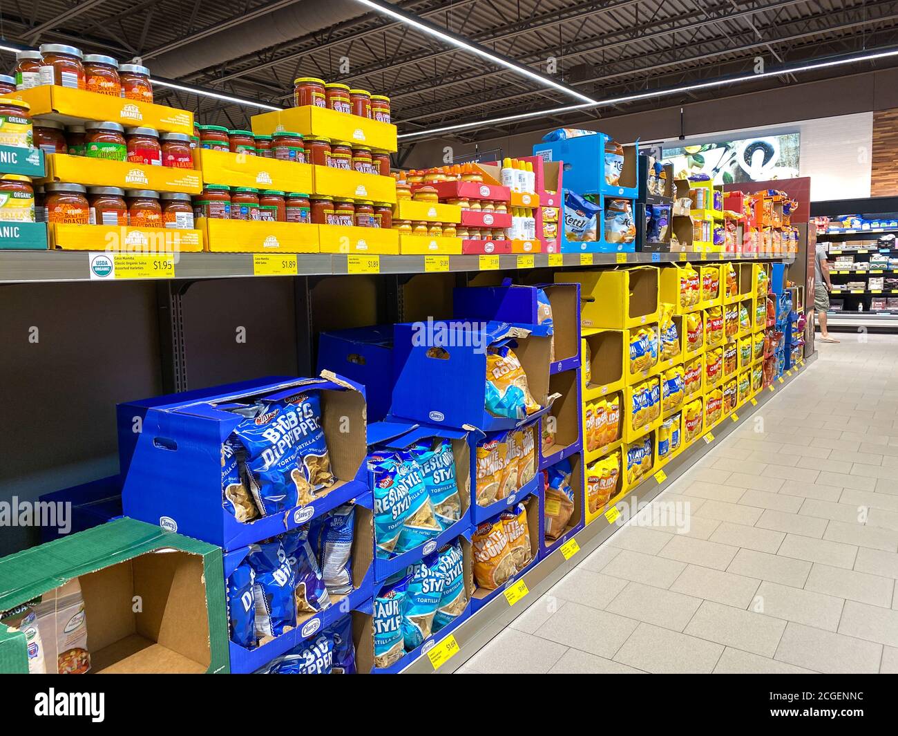 Orlando, FL/USA-5/16/20:  A display of a variety of potato chips and cookies at an Aldi grocery store waiting for customers to purchase. Stock Photo