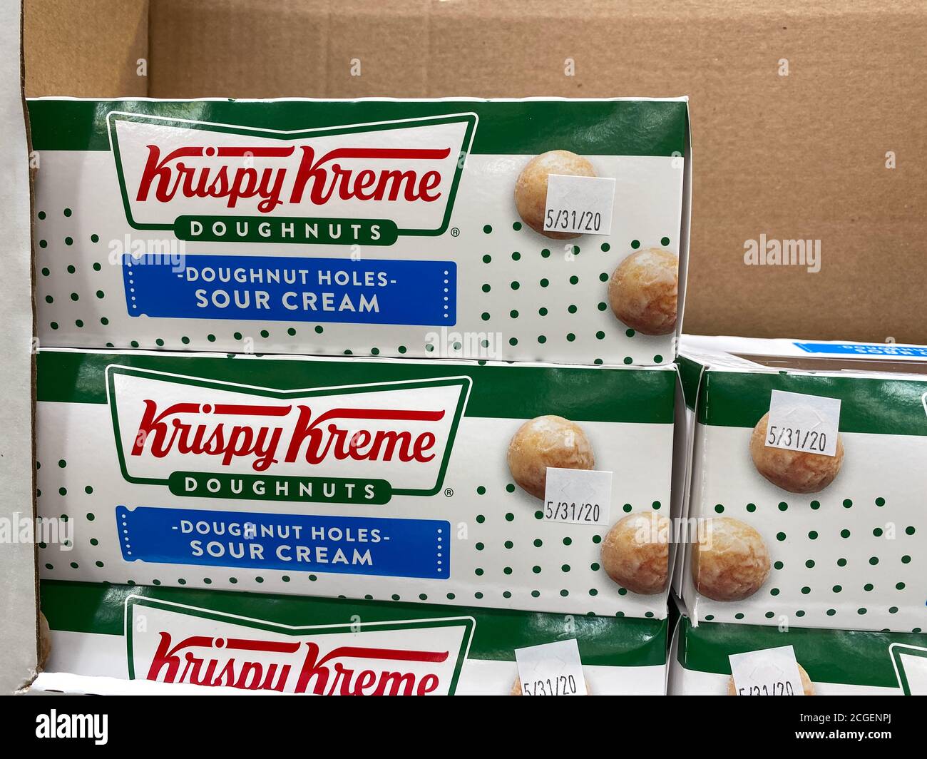 Orlando,FL/USA -5/15/20:  A stack of boxes of Krispy Kreme Doughnut Holes at a Sams Club grocery store ready to be purchased by consumers. Stock Photo