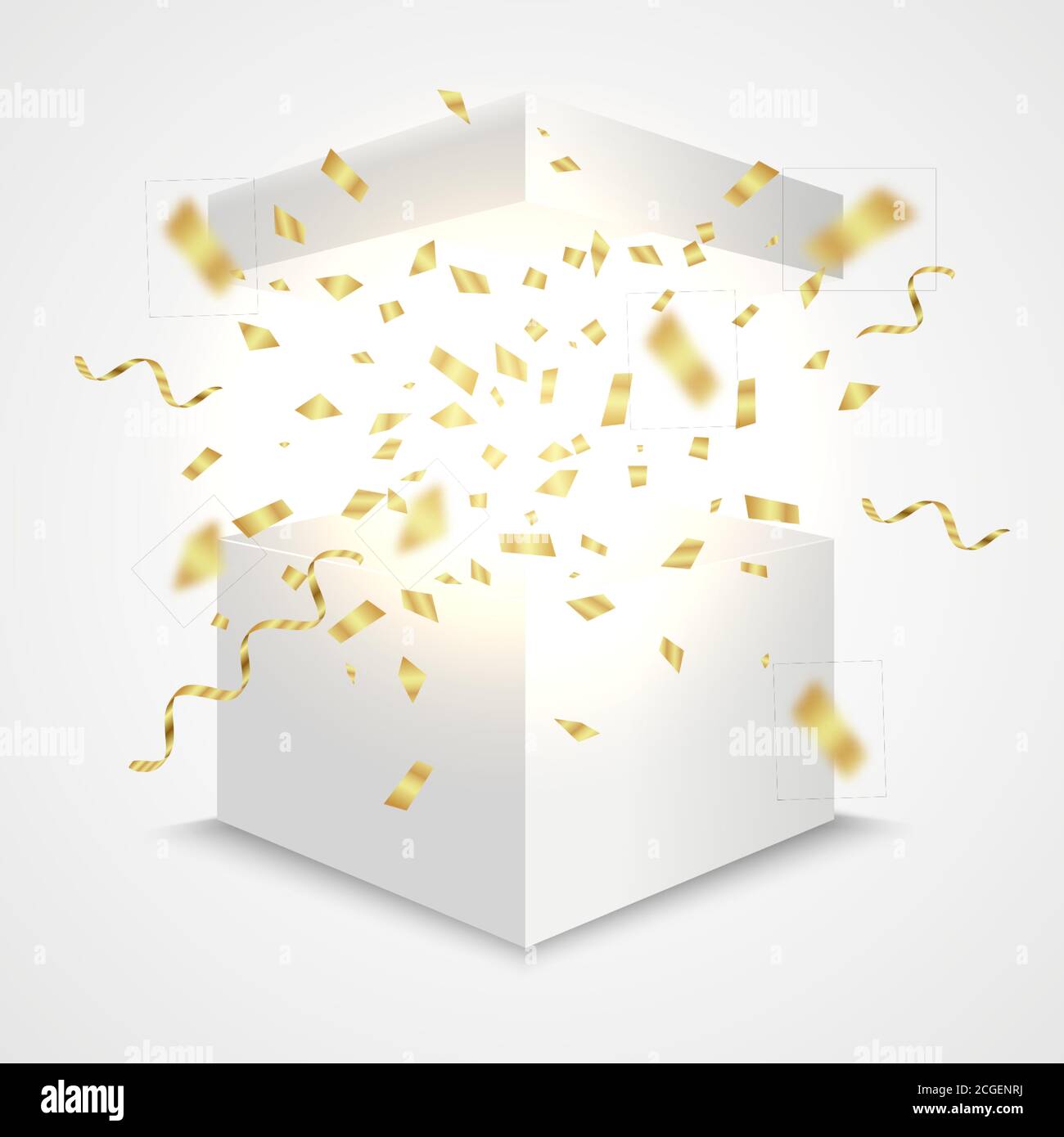 Open box with golden confetti. Giftbox surprise concept. Vector realistic prize container Stock Vector