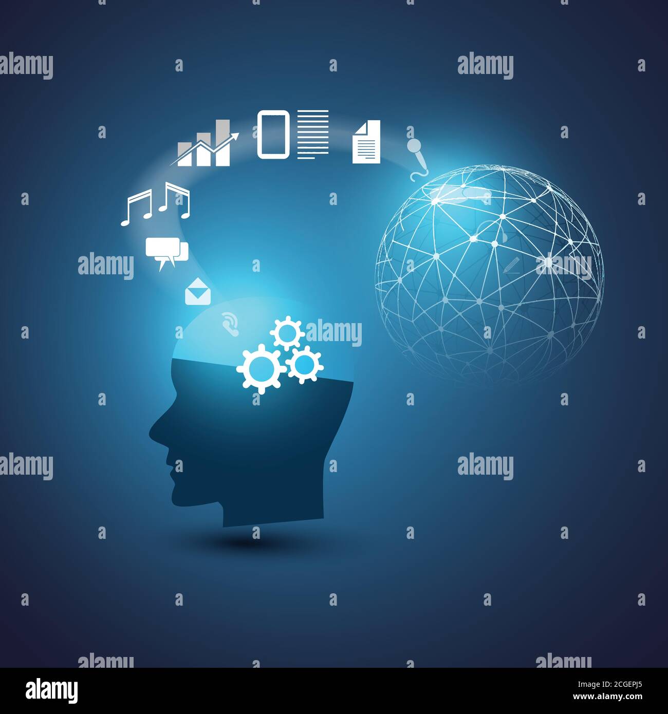 Machine Learning, Artificial Intelligence, Cloud Computing and Digital Networks Design Concept with Icons and Human Head - Information Processing Stock Vector