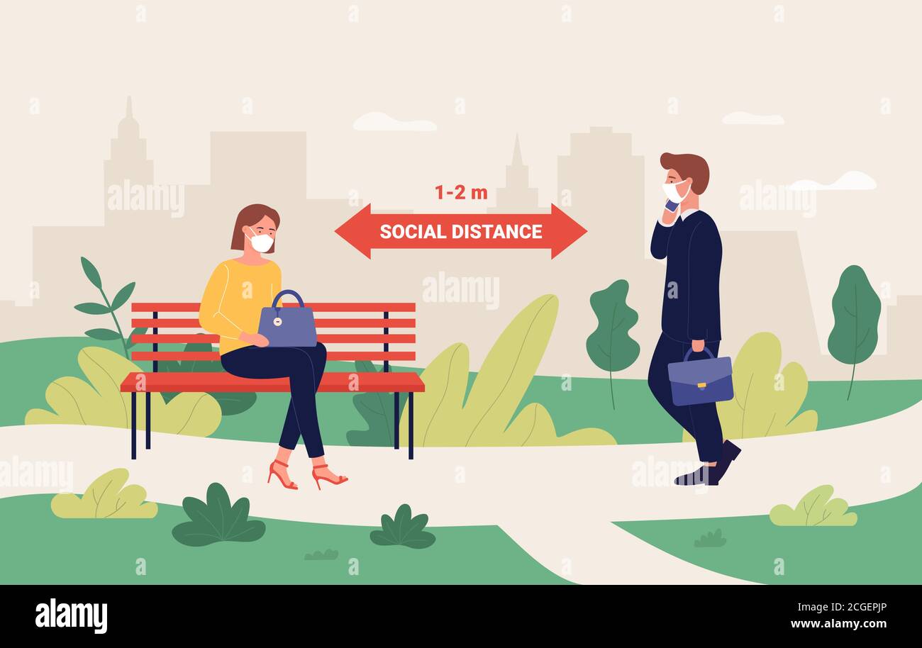 Outdoor social distance infographic vector illustration. Cartoon people distancing, woman character sitting on bench in city summer park, businessman walking at preventive safety distance background Stock Vector