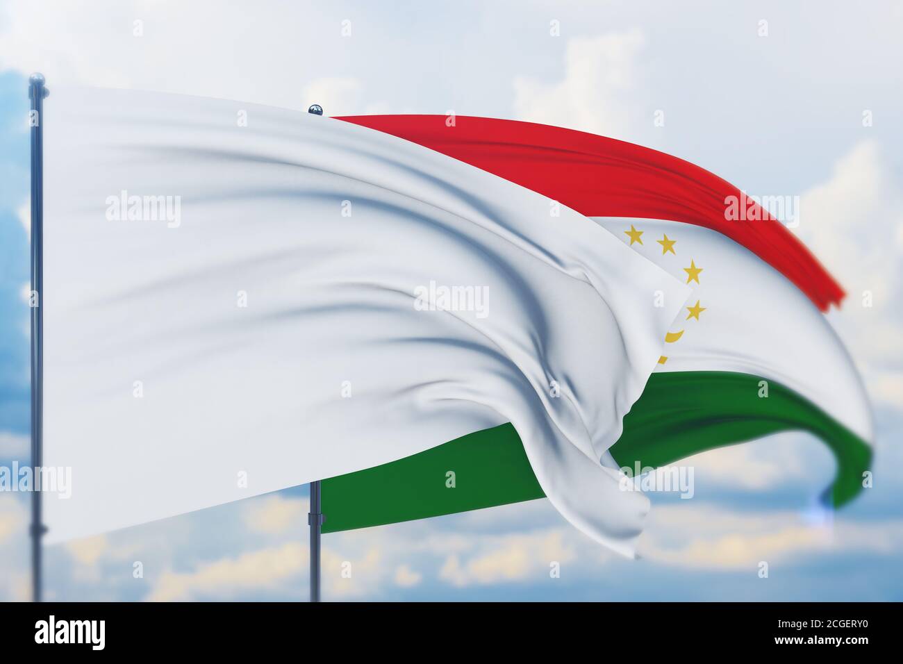 White flag on flagpole waving in the wind and flag of Tajikistan. Closeup view, 3D illustration. Stock Photo