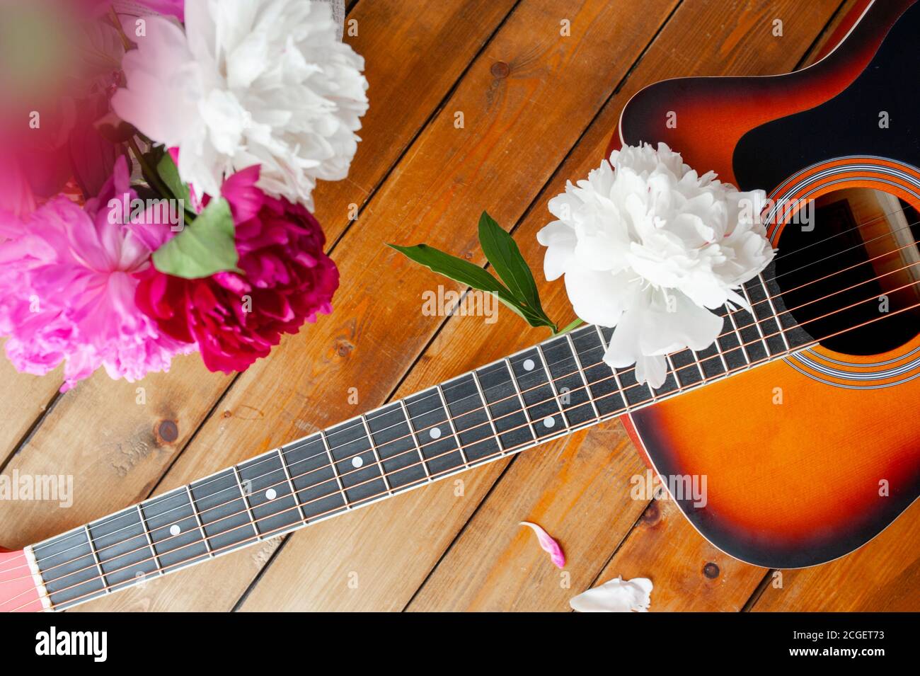 six metal strings on the neck of an acoustic guitar and lush multicolored fresh peony flowers on wooden boards, close-up, top view Stock Photo