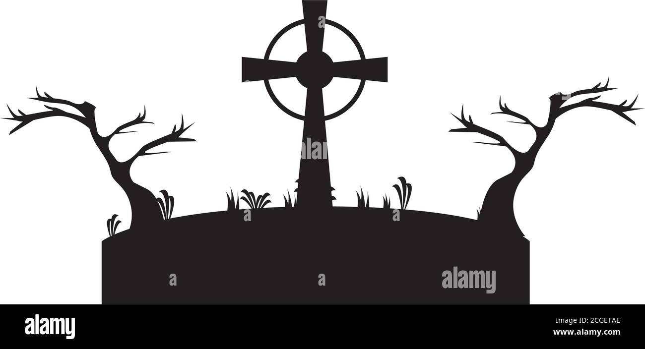 grave with cross in dry forest scene vector design, death tomb cementary and scary theme Vector ...