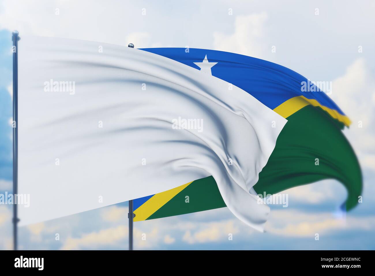 White flag on flagpole waving in the wind and flag of Solomon Islands ...