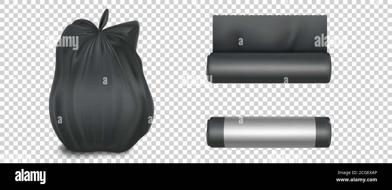Download Black Plastic Bag For Trash Garbage And Rubbish Vector Realistic Mockup Of Polyethylene Trashbag In Roll And Full Of Waste Tied Sack With Refuse Isolated On Transparent Background Stock Vector Image