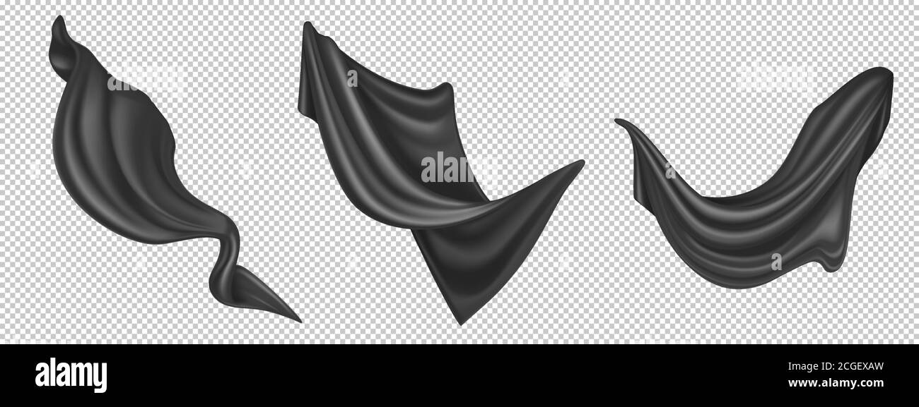 Flying black silk fabric isolated on white background. Vector realistic set of billowing velvet clothes, curtains or scarf in blowing wind. Luxury black textile drapery, flowing satin tissue Stock Vector