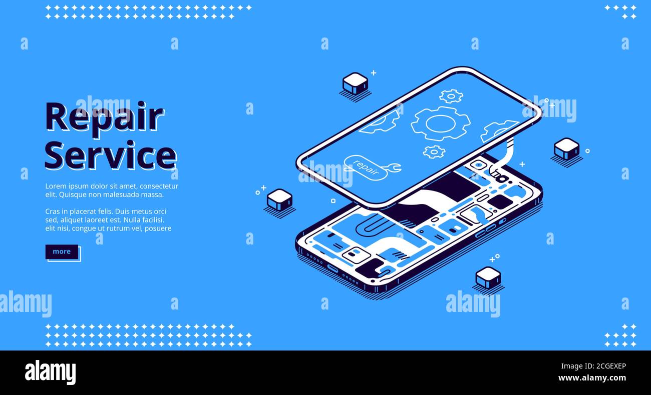 Repair service isometric landing page, disassembled mobile phone fixing, smashed smartphone with microcircuit and screen with gears, broken electronics device touchscreen 3d vector line art web banner Stock Vector