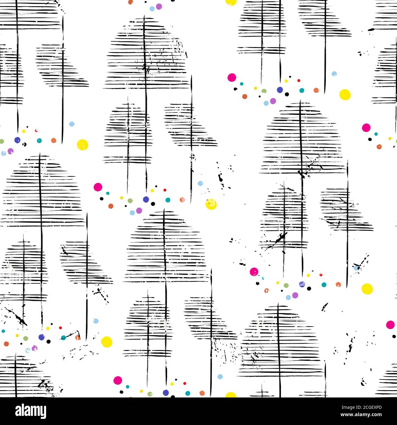 seamless pattern background, with strokes, splashes and dots, abstract trees Stock Vector