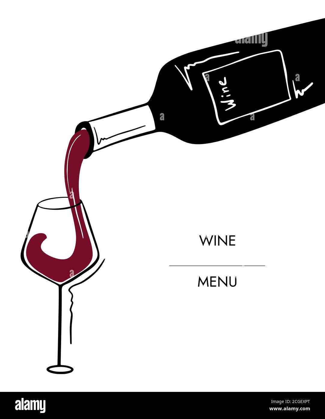 Sketch hand draw vector wine illustration. Red wine pouring from a bottle into a glass Stock Vector