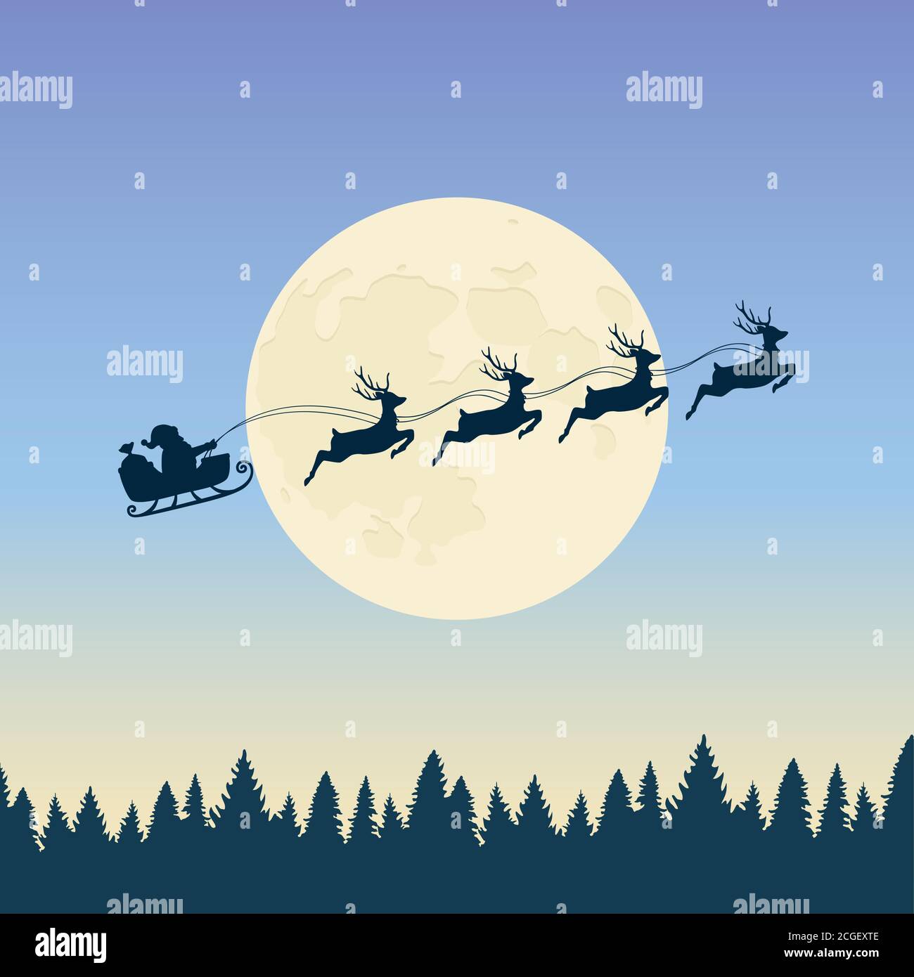 christmas banner santa claus in a sleigh with reindeer by full moon ...
