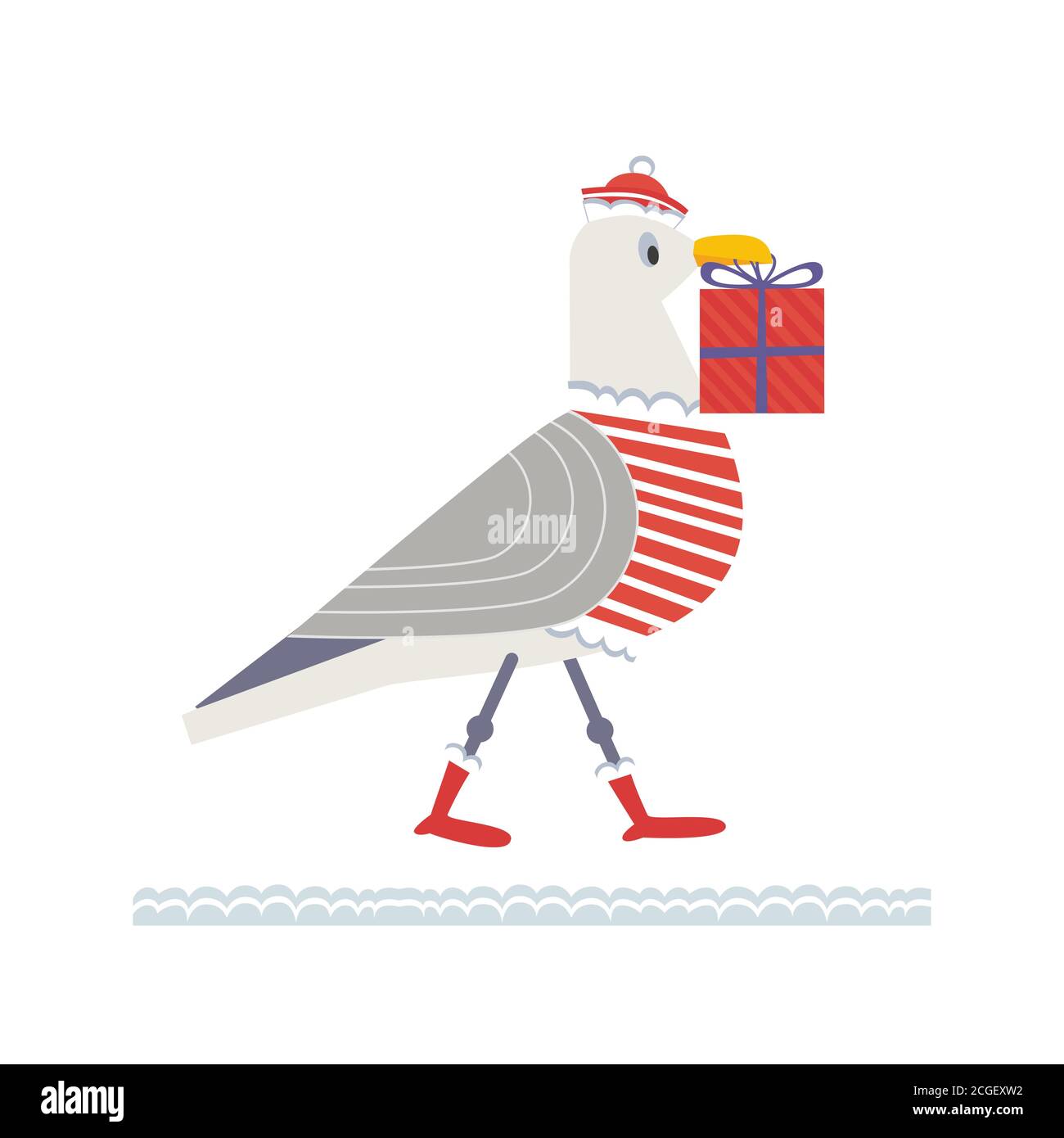Cute seagull with Christmas gift box vector icon Stock Vector