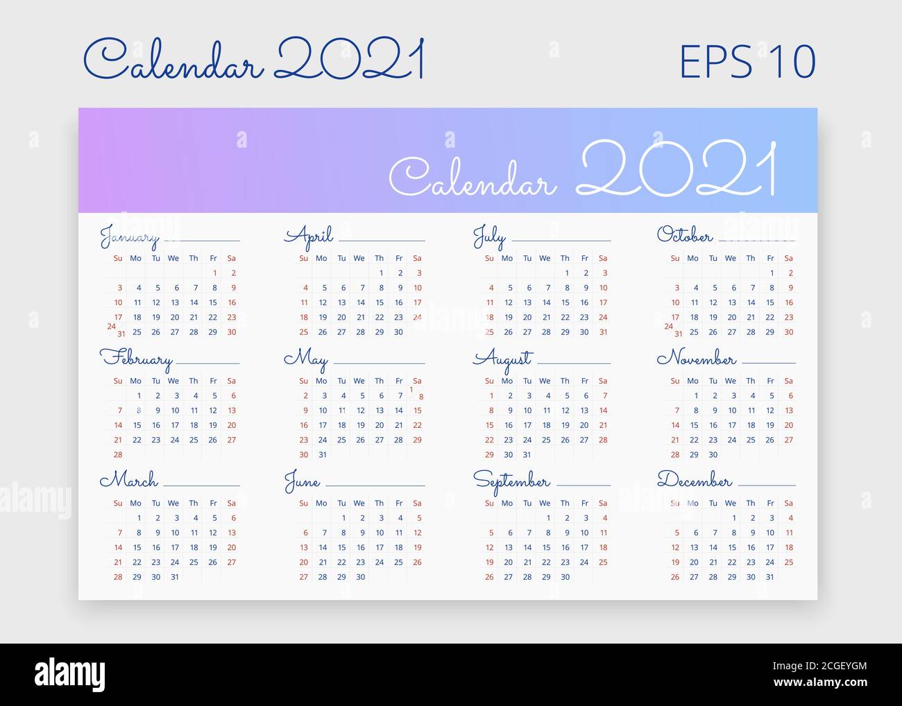 2021 Calendar In English Week Starts On Sunday Vector Editable Template For Web Poster Banner Card Stock Vector Image Art Alamy poster calendario 2021