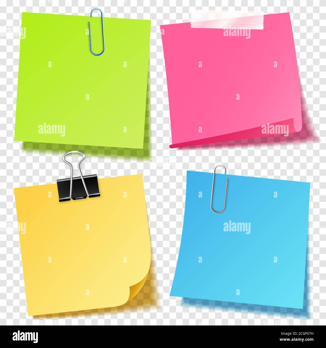 Realistic colorful blank sticky notes with clip binder. Colored sheets ...